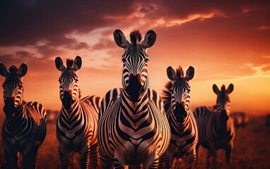African zebras at sunset in the National Park. - obrazy, fototapety, plakaty