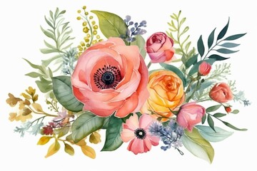 Floral arrangement with isolated watercolor flowers on a white background, suitable for wedding invites, cards, and prints. Generative AI