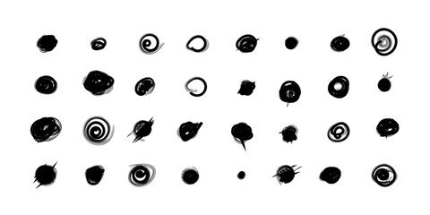 Set of hand drawn doodle circles in a grunge style. Vector illustration for bullet journal. Isolated white background. Scribble doodle circle and point. Collection black shapes dots and drops.