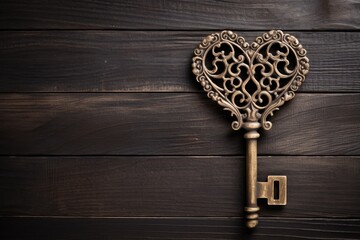 Bronze antique key heart shaped hole black wooden background copy space - Powered by Adobe