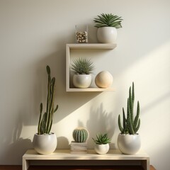 Modern Cacti Arrangement on Wooden Shelves