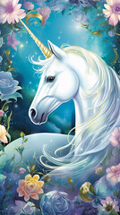 cute pink unicorn with flowers