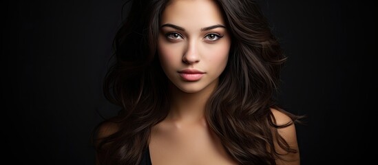Fototapeta premium An image capturing the beauty of a young woman with dark hair set against a black backdrop