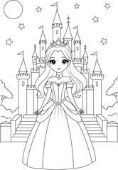 Coloring page chibi princess and a starlit castle. © Saly