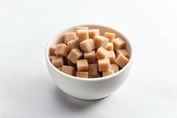 Brown sugar cubes in vintage bowl isolated on white Creative food and healthy eating concept Flat lay top view Design element