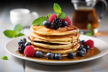 Closeup of white plate with fresh berries mint and maple syrup on pancakes - obrazy, fototapety, plakaty