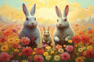A field of flowers with rabbits. Generative AI
