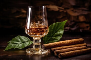Closeup view of a Cuban cigar and cognac glass on a wooden background highlighting details