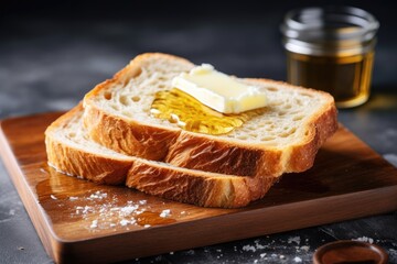 Closeup view of toast bread with butter and sugar on a wooden cutting board Simple breakfast on concrete background