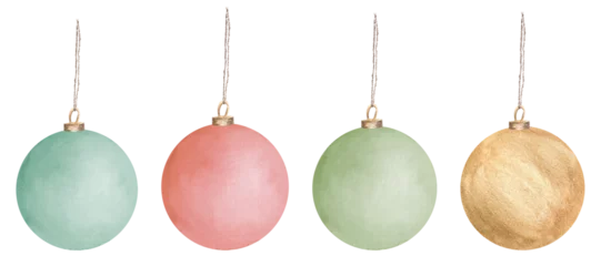 Fotobehang Hand-drawn watercolor illustration. Hanging light green, red and golden glass baubles for christmas tree © Elena Valeto