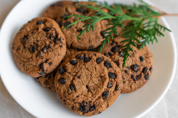 Chocolate cookies on a plate with spruce branches on the table. Dark chocolate cookies on a plate, Christmas cookies chocolate cinnamon sweet dessert holiday treat new year and christmas food