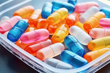Colorful blister packs containing antibiotics medicines and capsules represent the pharmaceutical industry s battle against antimicrobial drug resistance - obrazy, fototapety, plakaty