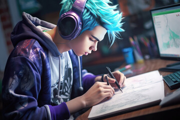 Teenager boy with blue hair sketches at a desk, computer glowing nearby