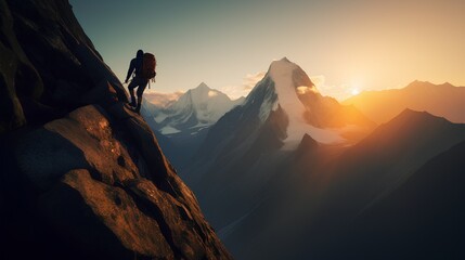 A fearless rock climber, scaling a steep cliff against the backdrop of rugged mountains in the Himalayas, bathed in the soft glow of sunrise - Powered by Adobe