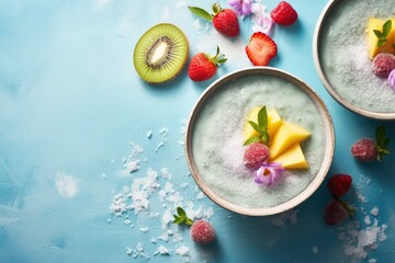 Colorful frozen fruit smoothie bowls on a worn cyan tabletop with blue and grey food coloring