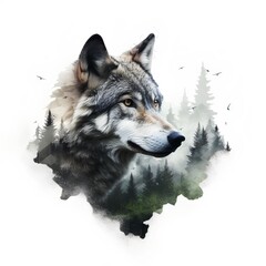 Surreal double exposure photo of a wolf and the wilderness with white background