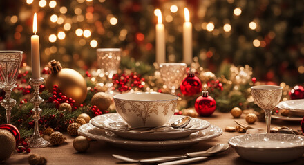 christmas dinner table setting. Christmas holiday table with plates, Christmas tree decorations, cups, saucers and candles