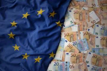Foto op Aluminium colorful waving national flag of european union on a euro money background. finance concept © luzitanija