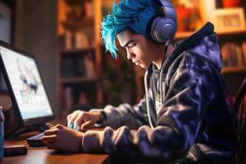 Young boy with blue hair studying at a desk at home - obrazy, fototapety, plakaty