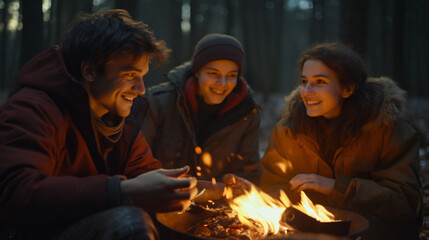 three teenagers, happy, laughing and having fun, around a campfire at a campsite in the woods at sunset.