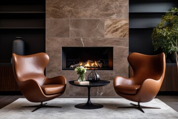 Contemporary interior design featuring leather chairs in a seating area around a modern fireplace