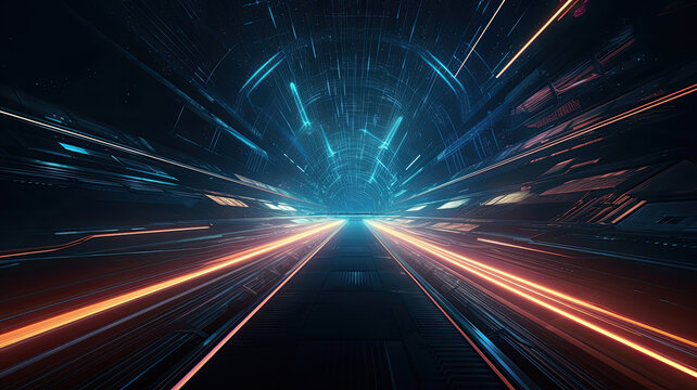 Fototapeta Hyperspace journey zooming through a tunnel filled orange and blue neon lights
