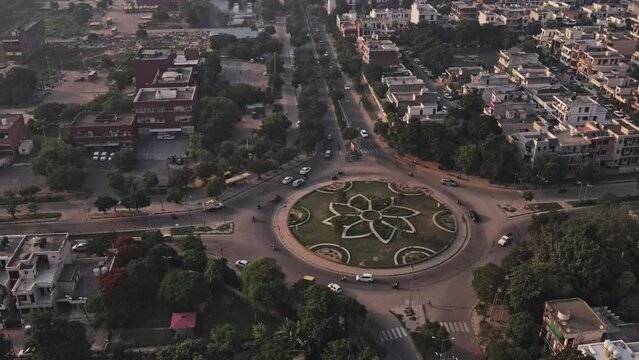 Aerial view of the planned city Panchkula, Haryana, India. Drone view of a planned Indian cityscape on a sunny day. Shot of planned housing colonies in developing India. Best city roads in India. 4K
