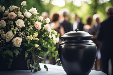 Flower adorned burial urn with mourners bidding farewell to deceased - obrazy, fototapety, plakaty