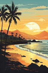 sunset on the beach, poster illustration generated with AI