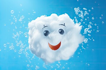 Naklejka premium Foamy children s shampoo bubbles create a funny face on a blue background resembling a cleanser foam texture for cosmetics