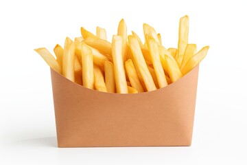 French fries in a paper wrapper isolated on white background Front view