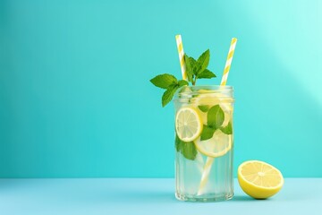 Fresh homemade lemonade with lime mint paper straw and bottle on blue background