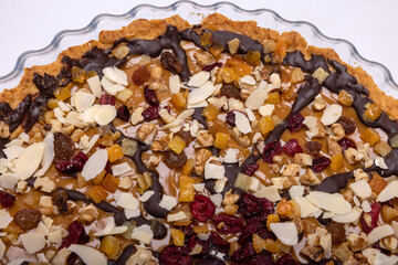 Homemade tart with chocolate and fruit