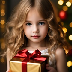 the girl holds a gift in his hands. Christmas card.