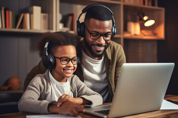 African American father helping boy remotely learning with laptop, interesting app for children, using modern tech, homeschooling, making homework, clever kid and self education at home concept. - obrazy, fototapety, plakaty
