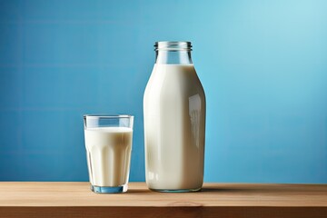 Full glass and bottle of fresh milk on wooden table low angle side view