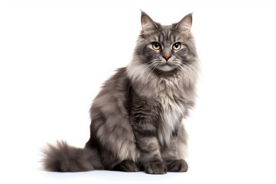 Full body picture of cute gray Siberian cat on white background representing domestic animal life pets friendliness love comfort and care Empty area for ad
