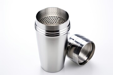 Isolated front view of a stainless steel drink mixer with easy pour strainer on a white background