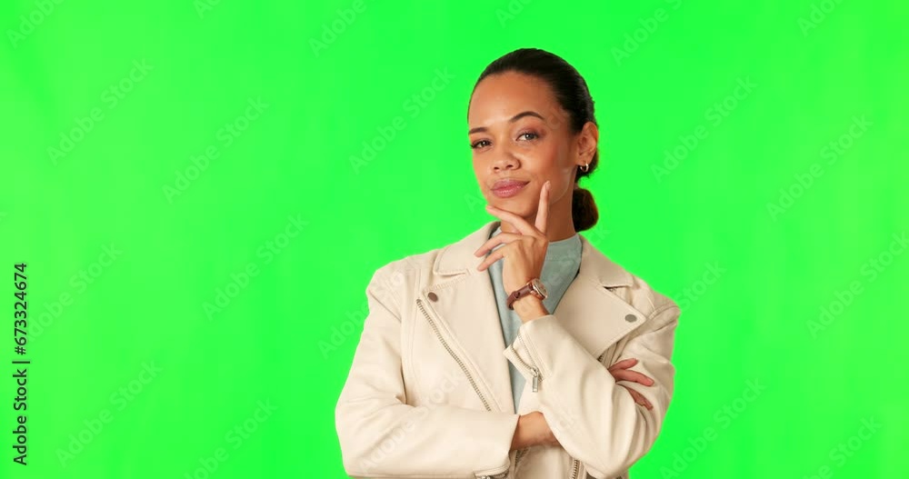 Poster Green screen, thinking and face of woman in studio with solution, plan or question, choice or ask on mockup background. Why, portrait and lady model with idea, decision or suspicious, doubt or emoji