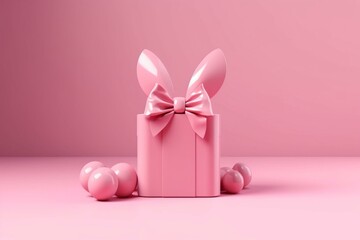 Easter. Pink luxury gift box with rabbit ears. Minimalism 3D rendering. Generative AI