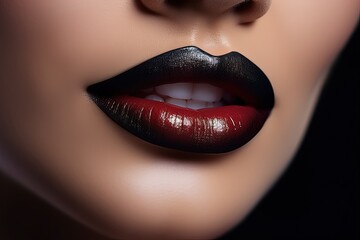 Macro shot of fashionable and vibrant lipstick being applied to a woman s full lips
