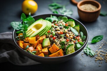 Making a nutritious salad with quinoa avocado sweet potato beans herbs and spinach on a rustic background for a clean healthy vegan vegetarian meal - Powered by Adobe