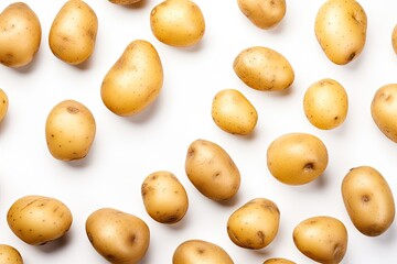 Isolated potato with white background Copy space for text Top view Flat lay pattern Shadowless potatoes in the air - obrazy, fototapety, plakaty