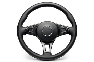 Isolated steering wheel for vehicles on white background It is a modern round style made of black leather and aluminum Used by drivers for control and t