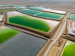 Aerial view of lithium fields / evaporation ponds in the Atacama desert, South America - a surreal, colorful landscape where batteries are born