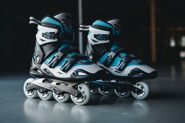 Blue and gray rollerblades with white and black protective gear. Generative AI - obrazy, fototapety, plakaty