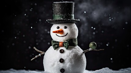 A finished snowman with a carrot nose and a top hat, showcasing the end result of a successful snowman-building session
