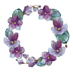 Wreath with violet flowers and leaves. isolated on white. Hand painted with watercolors. For design of cards, packaging and fabric decoration.