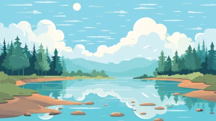 Poster Cartoon landscape with river bay, water surface and river banks with trees. Cozy place background vector © baobabay