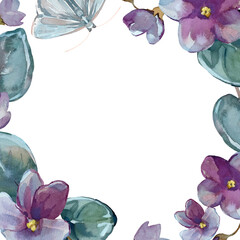 Frame with violet flowers leaves and butterfly. isolated on white. Hand painted with watercolors. For design of cards, packaging fabric decoration
